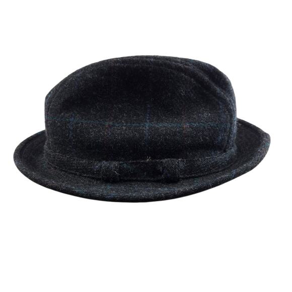 Churchill Ltd Fedora Hat Mens Large 7 1/4-7 3/8 Charcoal Gray Windowpane Plaid - Picture 3 of 8